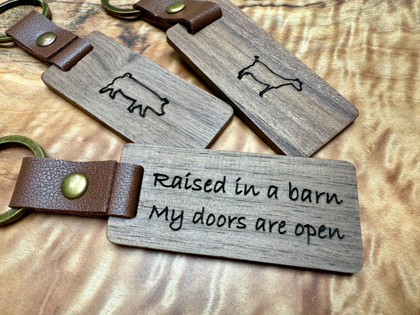 Keychain - Raised in a barn Farm animal keychain with livestock like a steer hog lamb goat rabbit chicken or 4h clover
