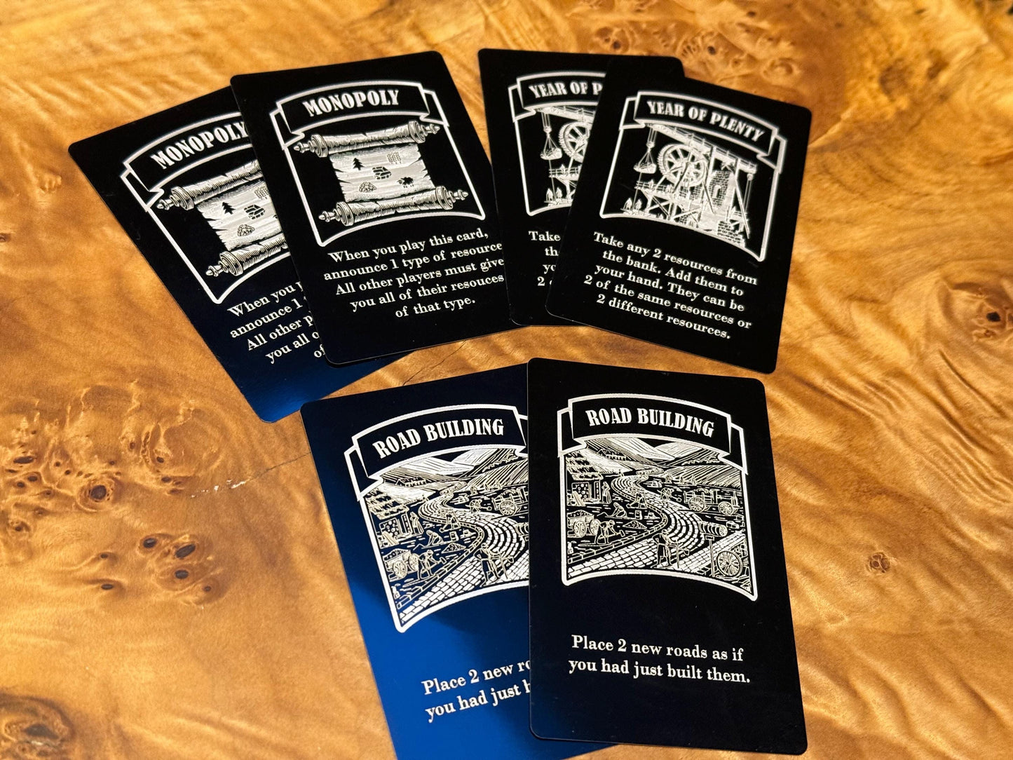 Metal Catan Cards for Base game or Extension with Longest Turn card good for gifts for gamers who play Catan (not resource cards like wood.)