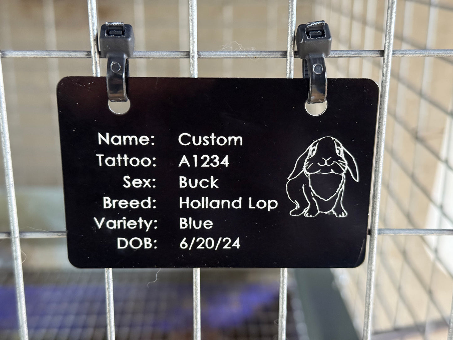 Metal Cage tag or nameplate for fairs or shows for any small animal like rabbit cavies dog chickens ducks