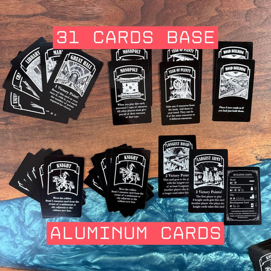 Metal Catan Cards for Base game or Extension with Longest Turn card good for gifts for gamers who play Catan (not resource cards like wood.)
