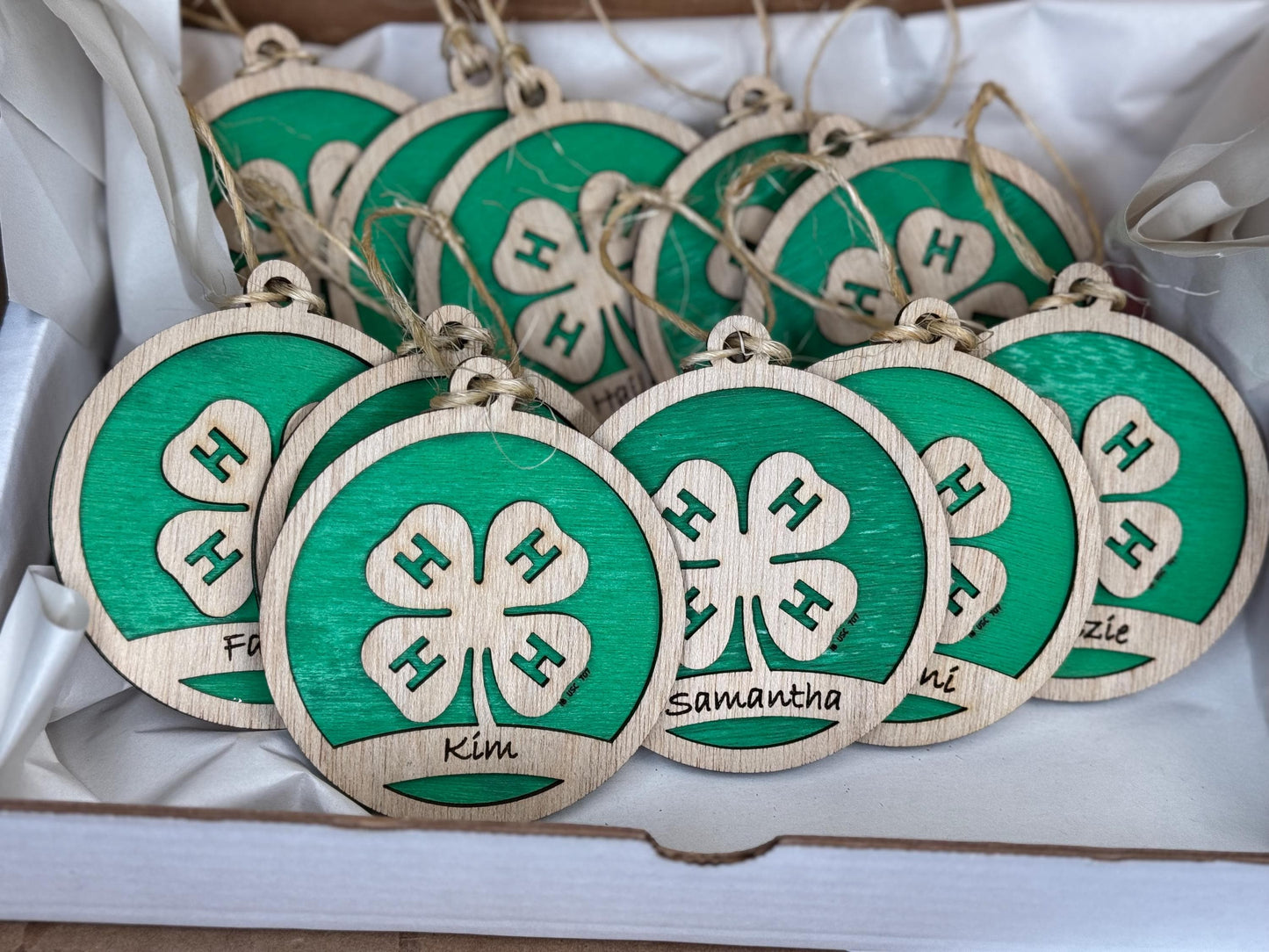 4-H Clover Ornaments for Christmas tree decorations, laser cut, rustic, wooden, gift idea, xmas 4h buyers gift